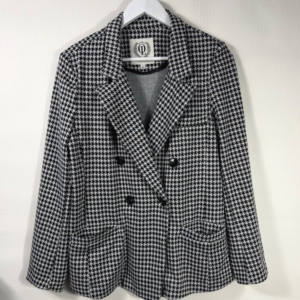 OL Italia Womens Houndstooth Double Breasted Blazer Jacket Black White Large